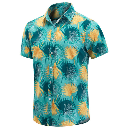 PRODUCTO 642-1 EUOW Camisa hawaiana de manga corta para hombre, camisas de vestir de playa de verano con botones estampados (hoja amarilla, L)