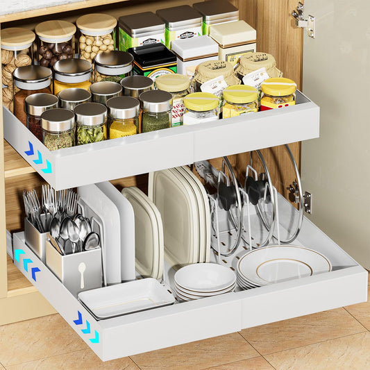 PRODUCTO 779 OVICAR Cajón organizador de gabinete expandible - Cajones de gabinete extraíbles Estante de almacenamiento adhesivo deslizable con 4 estantes divisores para cocina, despensa, baño, hogar, 12.2 "-20.7" de ancho, blanco