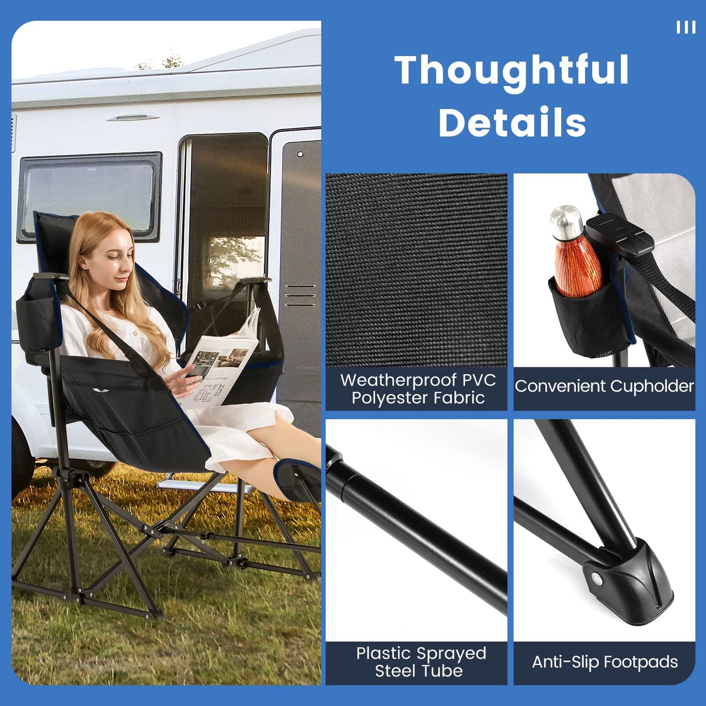 PRODUCTO 693 HAPPYGRILL Hamaca Silla de Camping Silla Columpio Plegable para Acampar con Reposapiés Retráctil, Almohada para la Cabeza Acogedora, Bolsa de Transporte, Mecedora Ligera y Portátil para Acampar Pesca Picnic