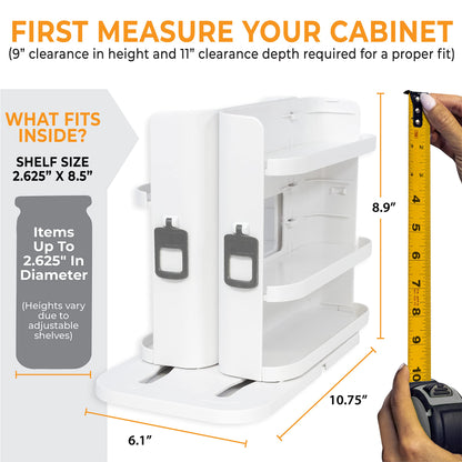 PRODUCTO 780 Gabinete Caddy SNAP! Organizador deslizante de especias para gabinete - Organizador de condimentos para tirar y girar - 3 estantes ajustables a presión para 5 niveles de almacenamiento - Diseño modular magnético - 8.9”H x 6.1”W x 10.8”D