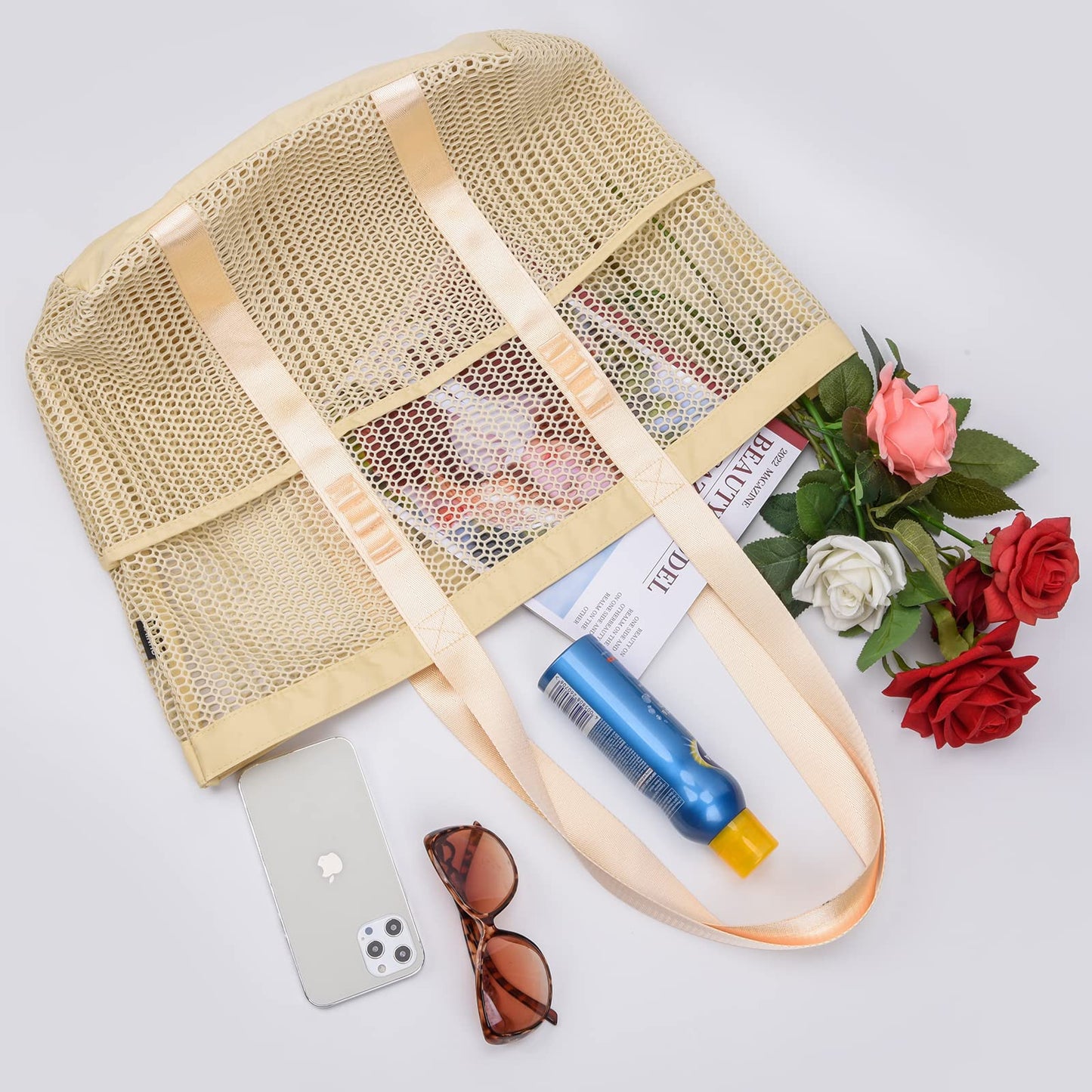 PRODUCTO 722-2 Tainehs Bolso de playa de malla Bolso grande Actualización 2024 para mujeres con múltiples bolsillos para picnic en la playa Vacaciones Viajes familiares Natación Bolsa impermeable para piscina Artículos esenciales de viaje