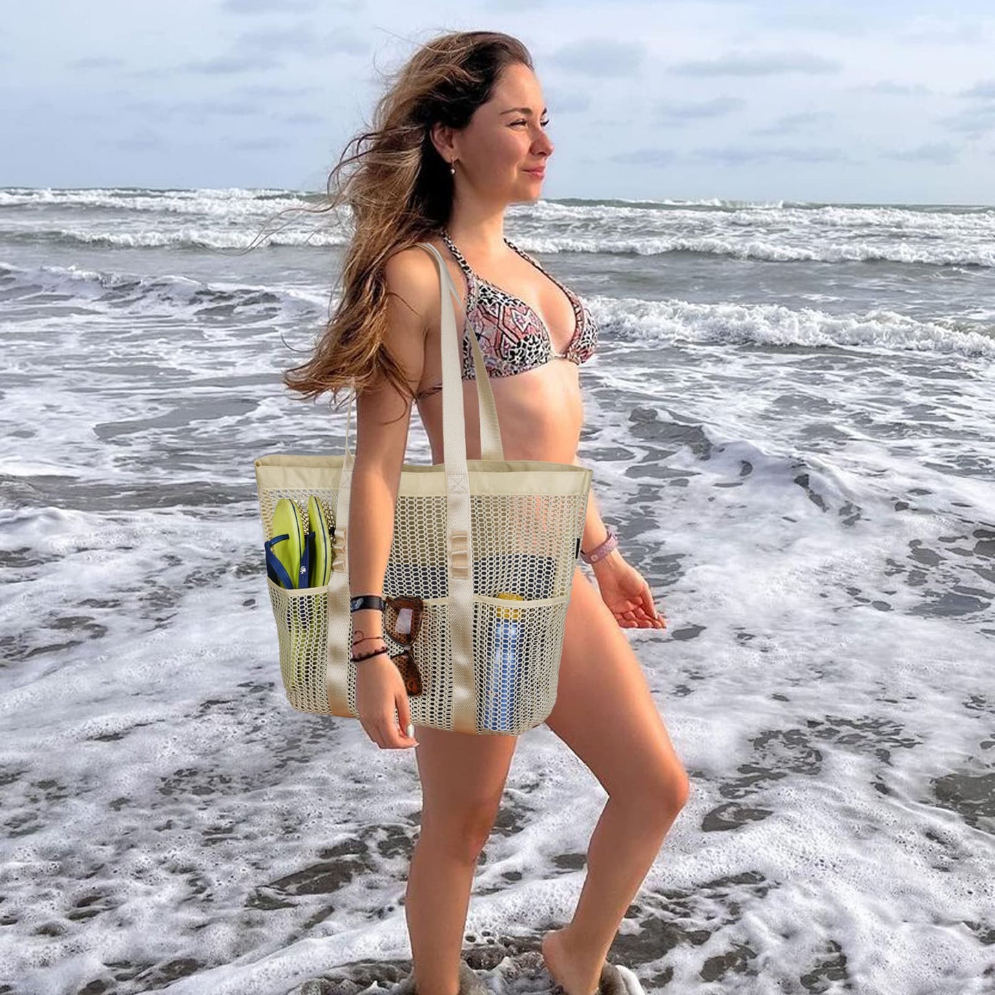 PRODUCTO 722-2 Tainehs Bolso de playa de malla Bolso grande Actualización 2024 para mujeres con múltiples bolsillos para picnic en la playa Vacaciones Viajes familiares Natación Bolsa impermeable para piscina Artículos esenciales de viaje