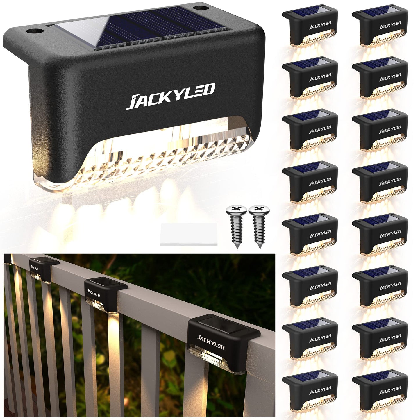 PRODUCTO 730 JACKYLED Paquete de 16, luces de paso impermeables LED de energía solar para valla exterior para barandilla de escalera de cubierta, iluminación exterior para pared, jardín, patio, balcón, decoración