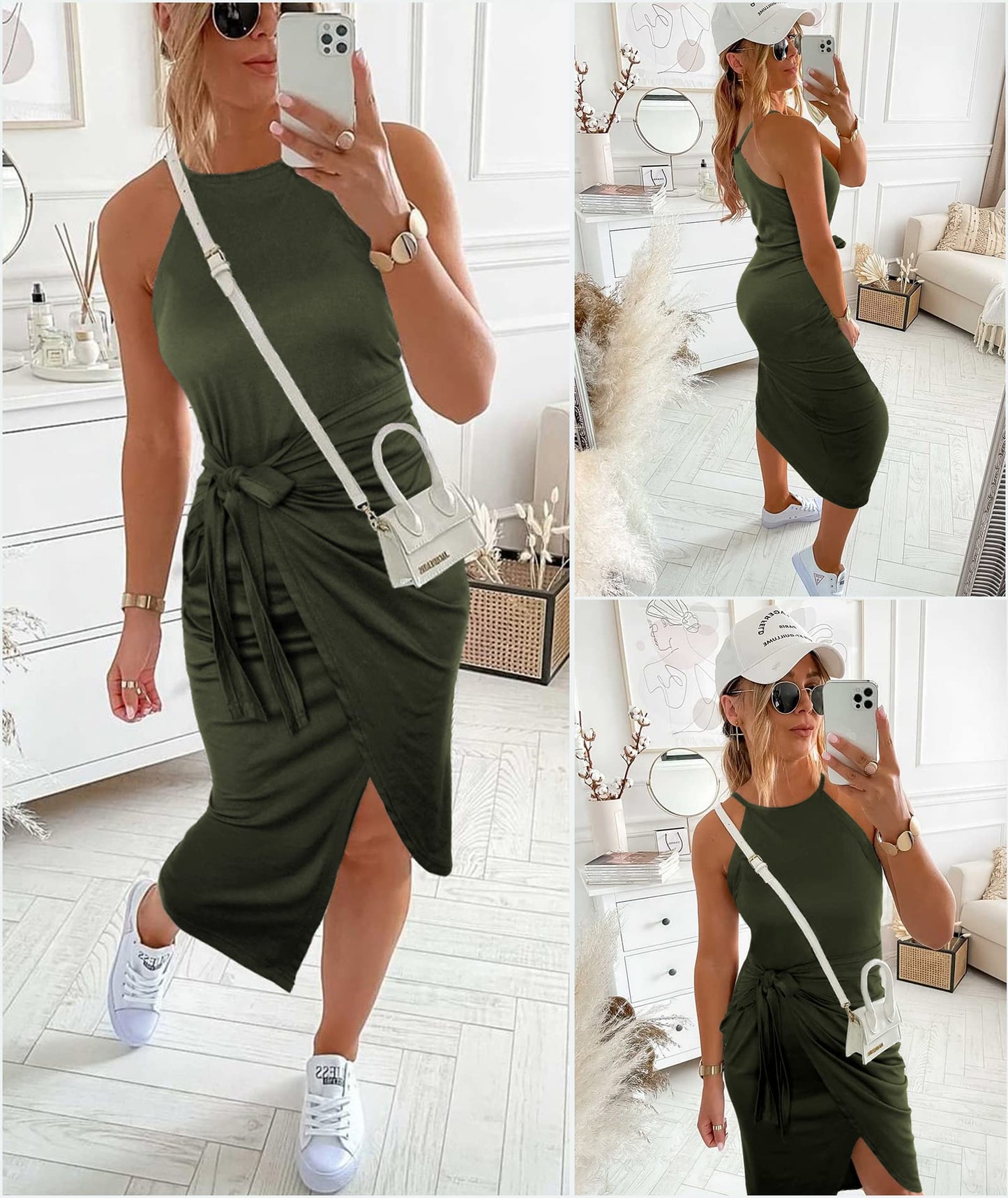 PRODUCTO 710 NOLLSOM Vestidos midi sin mangas a rayas informales para mujer, vestidos ajustados con cuello halter y fruncidos, vestido de verano con cintura anudada (pequeño, verde militar sólido)