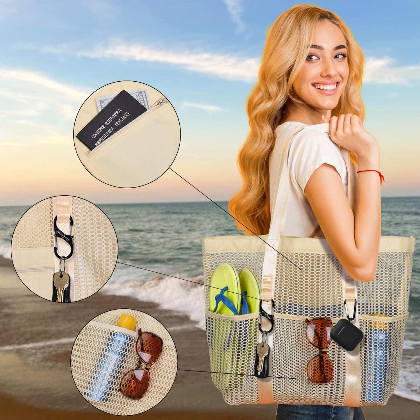 PRODUCTO 722-2 Tainehs Bolso de playa de malla Bolso grande Actualización 2024 para mujeres con múltiples bolsillos para picnic en la playa Vacaciones Viajes familiares Natación Bolsa impermeable para piscina Artículos esenciales de viaje