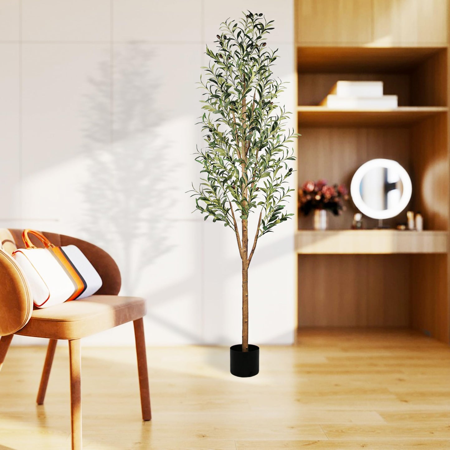 PRODUCTO 756 Sunnyglade Olivo artificial de 5.9 ft de alto, plantas en maceta de seda sintética para el hogar, sala de estar, oficina, decoración interior, olivo falso con tronco de madera natural y hojas realistas, ramas y frutas