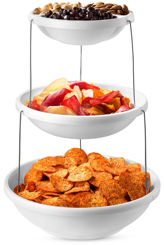 PRODUCTO 802 Tazón plegable de 3 niveles Masirs: Diseño decorativo que se pliega para un almacenamiento mínimo. Ideal para servir snacks, ensaladas y frutas. Tazón superior dividido en tres secciones.