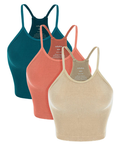 PRODUCTO 635-1 ODODOS Camisola corta para mujer, paquete de 3 camisetas sin mangas cortas de punto acanalado, lavadas y sin costuras, cortas largas, beige coral verde azulado, mediano/grande