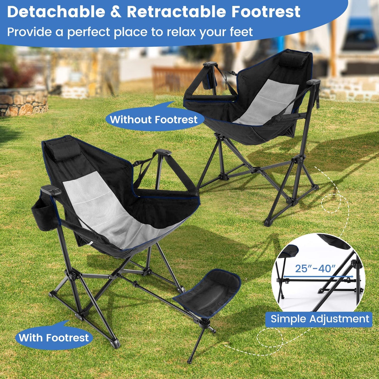 PRODUCTO 693 HAPPYGRILL Hamaca Silla de Camping Silla Columpio Plegable para Acampar con Reposapiés Retráctil, Almohada para la Cabeza Acogedora, Bolsa de Transporte, Mecedora Ligera y Portátil para Acampar Pesca Picnic