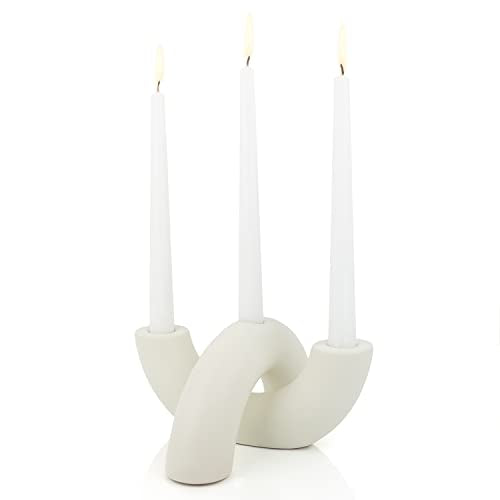 AERLO Juego de portavelas de cerámica – Candelabros decorativos – Decoración moderna para mesa de comedor, mesa de café o estante – Candelabro minimalista para 3 velas cónicas (Marfil)