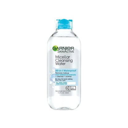 Garnier SkinActive agua micelar para maquillaje resistente al agua, limpiador facial y desmaquillante, 13,5 onzas líquidas (400 ml), 1 unidad (el embalaje puede variar)