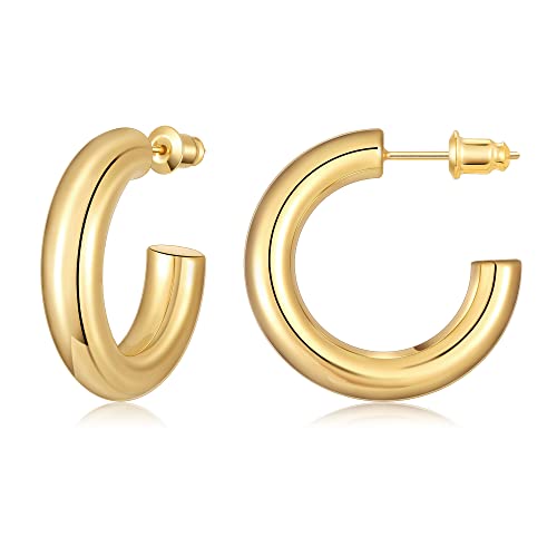 Gacimy Pendientes de aro de oro grueso para mujer chapados en oro real de 14 quilates, aros de plata de ley 925 para mujer, pendientes de aro medianos de oro amarillo de 0.984 in