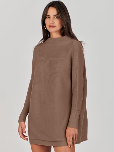 ANRABESS Suéter para Mujer 2023 Otoño Casual Suelto De Gran Tamaño Suéteres De Cuello Alto Vestido De Manga Larga Holgado Slouchy Punto Grueso Acogedor Cálido Invierno Jersey Túnica A277doukou-S