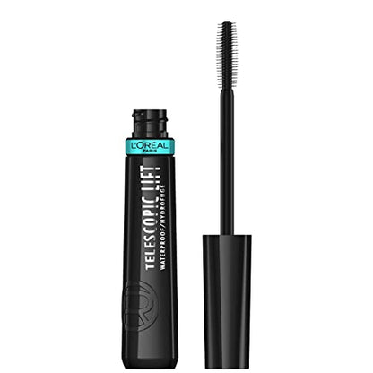 L'Oréal Paris Cosmetics Máscara de pestañas telescópica impermeable, maquillaje de ojos alargador y voluminizador, levantamiento de pestañas con hasta 36 horas de uso, negro, 0.33 onzas líquidas