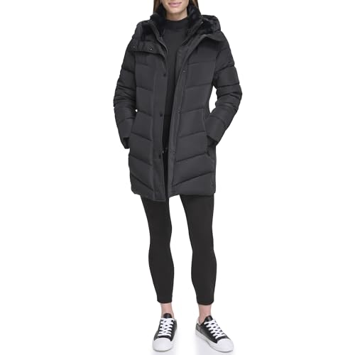 Calvin Klein Chaqueta acolchada larga con pechera para mujer, color negro