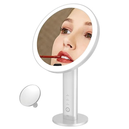 EKO iMira Espejo de maquillaje iluminado con sensor de 8 pulgadas con aumento 5X, espejo compacto de viaje magnetizado desmontable 10X, espejo de tocador recargable e inalámbrico, blanco