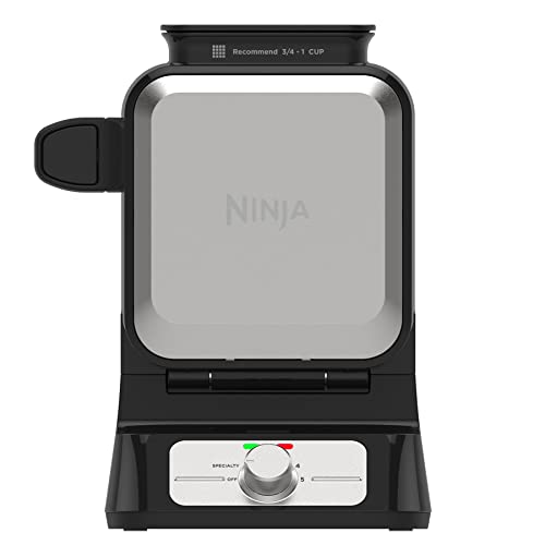 PRODUCTO 612 Ninja BW1001 NeverStick PRO Máquina para hacer gofres belgas, diseño vertical, 5 configuraciones de sombra, con taza de vertido de precisión y guía de recetas seleccionadas por el chef, negro y plateado