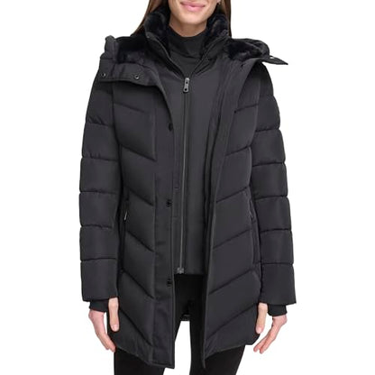 Calvin Klein Chaqueta acolchada larga con pechera para mujer, color negro