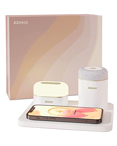 EZVALO Regalos de cumpleaños para mujeres, estación de carga 3 en 1 con cargador de teléfono inalámbrico, luz nocturna LED, altavoz Bluetooth, regalo de agradecimiento, caja de regalo relajante para mujeres, hombres, mamá, novia, blanco