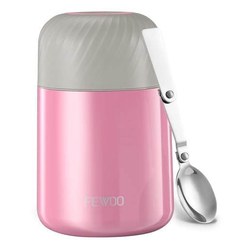 PRODUCTO 469 Termo para alimentos FEWOO - Contenedor de sopa aislado al vacío de 20 oz, lonchera de acero inoxidable para niños adultos, frasco de comida a prueba de fugas con cuchara plegable para alimentos fríos o calientes (rosa)