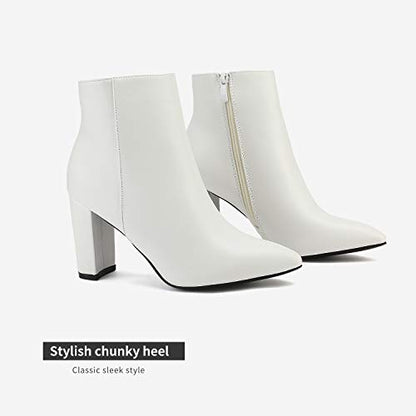 PRODUCTO 573 DREAM PAIRS Botines de tacón grueso de poliuretano blanco para mujer Botas cortas con punta puntiaguda Talla 11 B(M) US Sianna-1 Stunner, Blanco/Pu