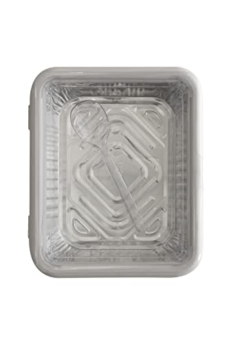 Viste y protege tu sartén de aluminio, fabricado en EE. UU., se adapta a sartenes de aluminio de tamaño medio. Incluye molde de aluminio de tamaño medio y cuchara para servir. Comida fría o caliente. Apilable para facilitar el viaje. (Clásico, Blanco)