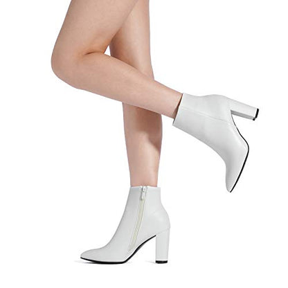 PRODUCTO 573 DREAM PAIRS Botines de tacón grueso de poliuretano blanco para mujer Botas cortas con punta puntiaguda Talla 11 B(M) US Sianna-1 Stunner, Blanco/Pu