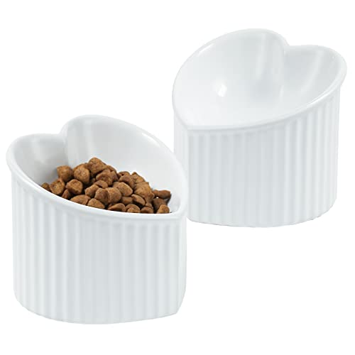 Raised Ceramic Tilted Cat Bowls, Heart Shape Elevated Cat Food Bowl, Porcelain Slanted Pet Feeder Dish for Flat Faced Cats, Protect Cat's Spine, Stress Free, Backflow Prevention,2 Pack(White)