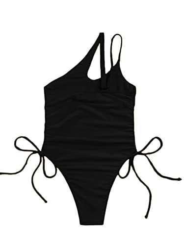 Lilosy Traje de baño sexy de una pieza con un hombro y control de barriga, fruncido, corte alto, aumento de pierna, bikini con recorte, tanga, traje de baño brasileño atrevido, monokini lateral con cordón y lazo para mujer, negro, mediano