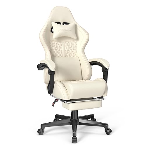 Ferghana Silla para videojuegos con piel sintética vintage, respaldo alto con masaje, silla ergonómica para ordenador de oficina con reposapiés para adultos, silla reclinable para videojuegos estilo carrera de 350 libras (beige)