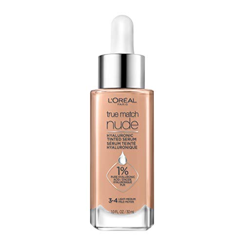 L'Oréal Paris Cosmetics True Match Nude Hyaluronic Tinted Serum El primer suero con color con 1% de ácido hialurónico Instantáneamente la piel luce más brillante, uniforme y se siente hidratada Cuidado de la piel, Medio claro 3-4,1 fl. onz.