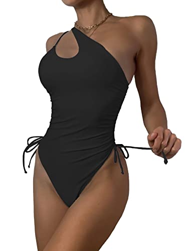 Lilosy Traje de baño sexy de una pieza con un hombro y control de barriga, fruncido, corte alto, aumento de pierna, bikini con recorte, tanga, traje de baño brasileño atrevido, monokini lateral con cordón y lazo para mujer, negro, mediano