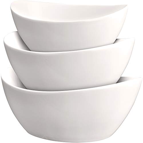 Juego de 3 tazones para servir - Elegantes ensaladeras de porcelana blanca para frutas, ensaladas, pastas y sopas - Platos de exhibición para servir alimentos para fiestas o exhibiciones - 24 oz. 34 onzas. y 44 onzas. - por DécorDine