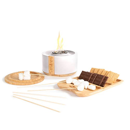 PRODUCTO 252 TerraFlame - Juego de regalo de mesa para asar S'mores, portátil, para interiores y exteriores, sin humo, con gel de combustión limpia, con bandeja de bambú, color blanco