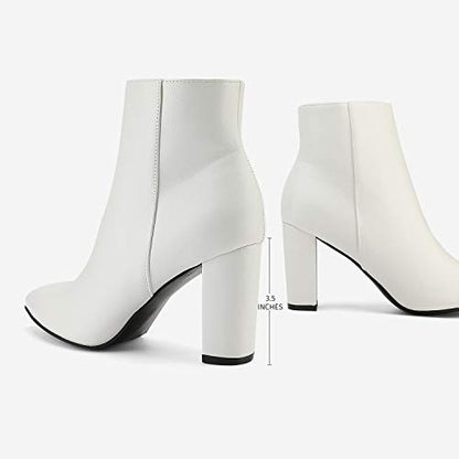 PRODUCTO 573 DREAM PAIRS Botines de tacón grueso de poliuretano blanco para mujer Botas cortas con punta puntiaguda Talla 11 B(M) US Sianna-1 Stunner, Blanco/Pu