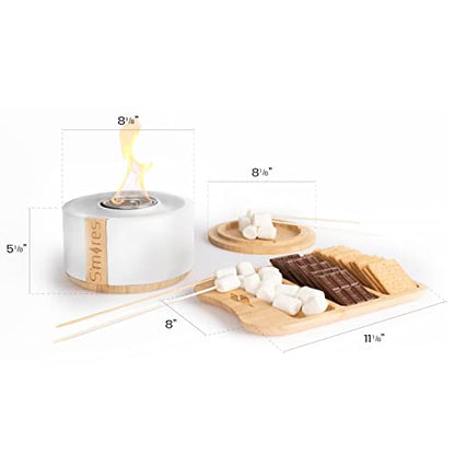 PRODUCTO 252 TerraFlame - Juego de regalo de mesa para asar S'mores, portátil, para interiores y exteriores, sin humo, con gel de combustión limpia, con bandeja de bambú, color blanco