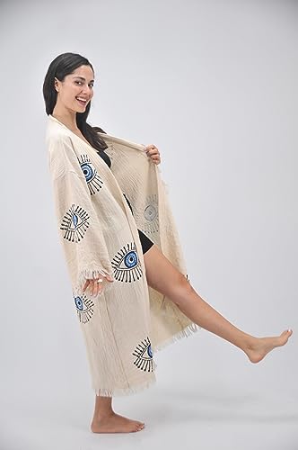 Bodho Hecho a mano Evil Eye Boho Festival Kimono Boho Ropa de playa Ropa de playa Cubrir Étnico Kimono Cárdigan Albornoz Bata de mañana (Azul)