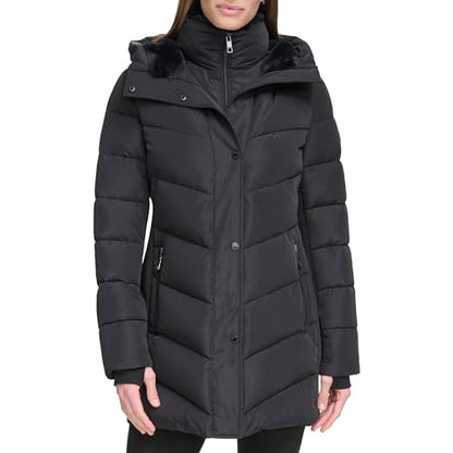 Calvin Klein Chaqueta acolchada larga con pechera para mujer, color negro