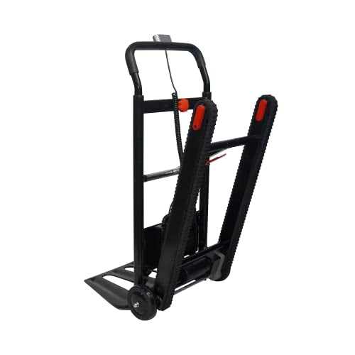 Voltstair GO Carretilla de mano motorizada eléctrica portátil para subir escaleras con batería extraíble, con cuerda elástica incluida y pistas antideslizantes para levantamiento pesado (capacidad de elevación de 150 lb) negro/rojo