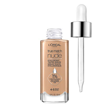 L'Oréal Paris Cosmetics True Match Nude Hyaluronic Tinted Serum El primer suero con color con 1% de ácido hialurónico Instantáneamente la piel luce más brillante, uniforme y se siente hidratada Cuidado de la piel, Medio claro 3-4,1 fl. onz.