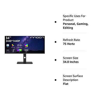 INNOCN Monitor ultraancho de 34" 21:9 WQHD 3440 x 1440p Pantalla IPS 100% sRGB 75 Hz Sincronización adaptativa Monitor HDR400 USB tipo C, biseles ultra estrechos, altura ajustable, montable - 34C1Q