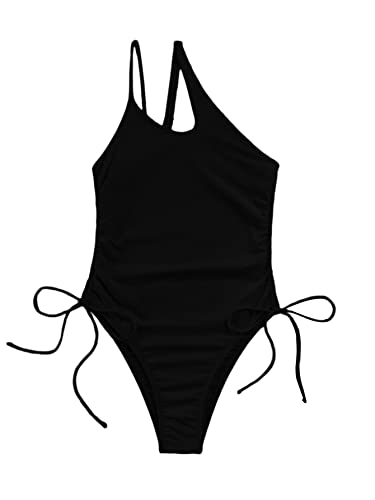 Lilosy Traje de baño sexy de una pieza con un hombro y control de barriga, fruncido, corte alto, aumento de pierna, bikini con recorte, tanga, traje de baño brasileño atrevido, monokini lateral con cordón y lazo para mujer, negro, mediano