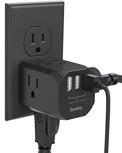 Extensor de enchufe de pared, divisor de salida SUPERDANNY con 4 tomas eléctricas y 3 puertos USB, cargador de cubo espaciado extra ancho, cargador de enchufe de pared aprobado para cruceros para el hogar, oficina, dormitorio, hotel, negro