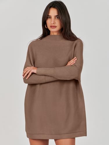 ANRABESS Suéter para Mujer 2023 Otoño Casual Suelto De Gran Tamaño Suéteres De Cuello Alto Vestido De Manga Larga Holgado Slouchy Punto Grueso Acogedor Cálido Invierno Jersey Túnica A277doukou-S