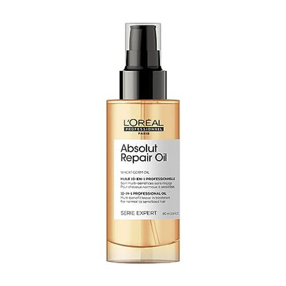 L'Oréal Professionnel Aceite sin aclarado 10 en 1 para cabello seco y dañado, con proteínas. Aceite Gold de Quinoa y Germen de Trigo, Nutre, Reaviva y Repara, Serie Expert Absolut Repair, 90 ml