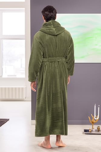 Alexander Del Rossa Albornoz para Hombre, Albornoz de Felpa Polar con Capucha, Dos Grandes Bolsillos Delanteros y Cierre de Corbata, Verde Cebolleta, XL