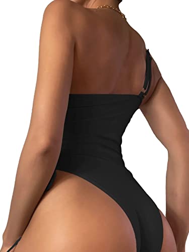 Lilosy Traje de baño sexy de una pieza con un hombro y control de barriga, fruncido, corte alto, aumento de pierna, bikini con recorte, tanga, traje de baño brasileño atrevido, monokini lateral con cordón y lazo para mujer, negro, mediano