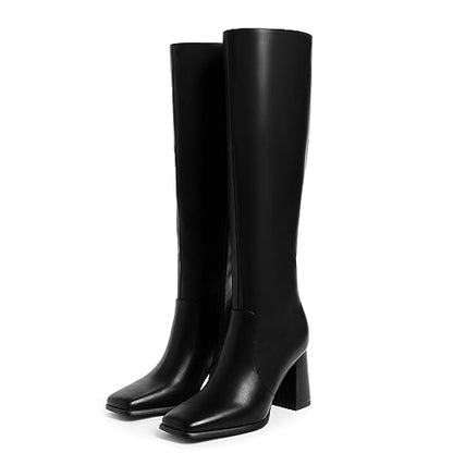 Modatope Botas negras para mujer, botas hasta la rodilla con tacón grueso, botas altas de tacón alto para mujer, botas de otoño con punta cuadrada, botas largas con cremallera lateral, talla 8