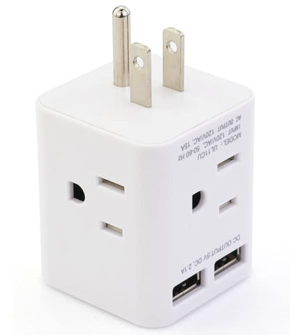 Extensor de enchufe múltiple con 2 USB y 4 tomas de CA, adaptador de enchufe de ángulo recto Wonplug, divisor de 3 clavijas, cargador de pared de cubo espaciado ancho para EE. UU., hogar, oficina, viajes, color blanco