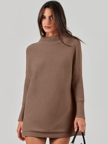 ANRABESS Suéter para Mujer 2023 Otoño Casual Suelto De Gran Tamaño Suéteres De Cuello Alto Vestido De Manga Larga Holgado Slouchy Punto Grueso Acogedor Cálido Invierno Jersey Túnica A277doukou-S